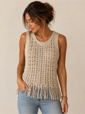 House of Harlow Beige Crochet Fringe Sleeveless Top